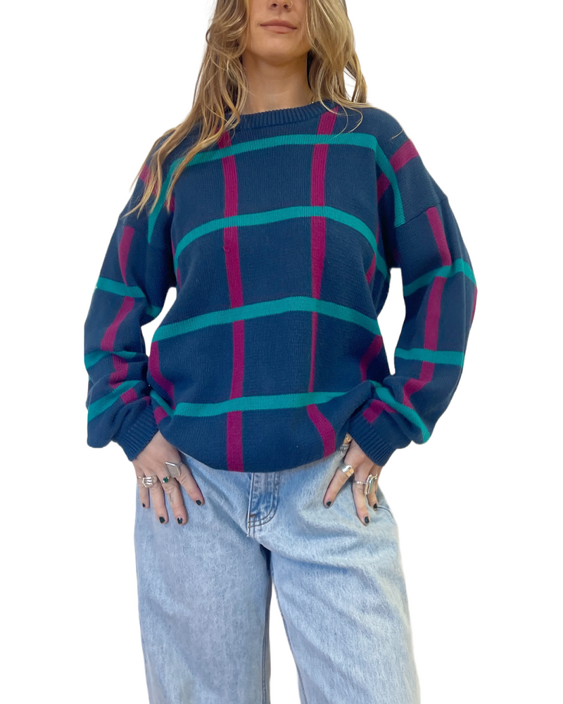 80's Grid Cotton Knit Sweater