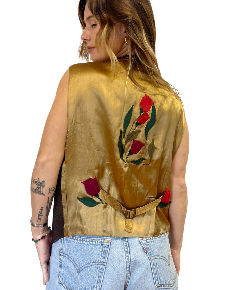 
                
                    Load image into Gallery viewer, 70&amp;#39;s Leather Vest W/ Silk Motif
                
            